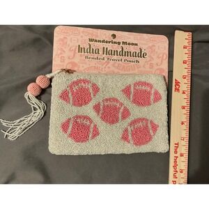 NWT Wandering Moon Beaded Travel Pouch Pink Football Design